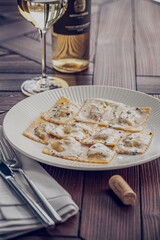 Ravioli Pasta and Wine on Served Table, Restaurant Food