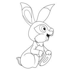Coloring page with colorless cartoon Hare. Template of coloring book with Rabbit sits and holds its paws. Practice worksheet or Anti-stress page for kids. Logic outline education game. Happy Easter.