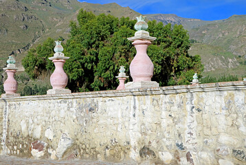 Unique Outer Wall of Church of Santa Ana de Maca near the Colca Canyon, Arequipa region of Peru, South America