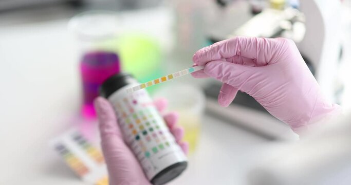 Scientist working with colored litmus paper in laboratory