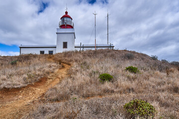 Fototapeta na wymiar Ponta do Pargo lighthouse on the westernmost tip of Madeira, beautiful madeira coastline, ship protection