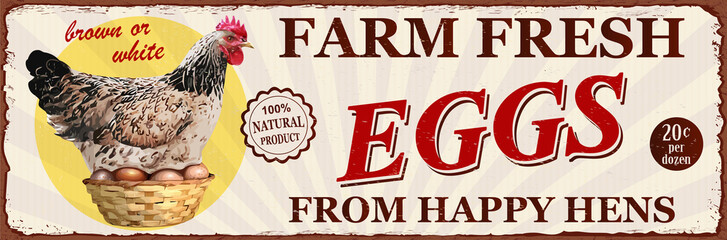 Vintage Farm Fresh Eggs metal sign.Retro poster 1950s style.