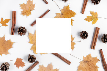 Autumn composition. Dried maple leaves, cinnamon, cones and white frame on gray studio background wall with copy space for promotion content. Fall and thanksgiving day concept. Flat lay, top view
