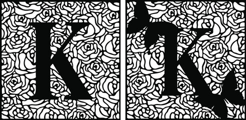 Fototapeta premium Latin letter K on rose pattern with butterflies. Summer cut file on white background