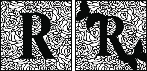 Latin letter R on rose pattern with butterflies. Summer cut file on white background