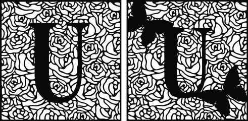 Latin letter U on rose pattern with butterflies. Summer cut file on white background