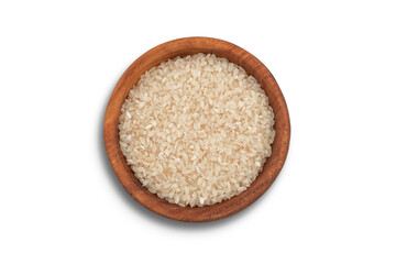 Fototapeta na wymiar Uncooked Dry Rice in Wooden Bowl on White Background. File with Clipping Path.