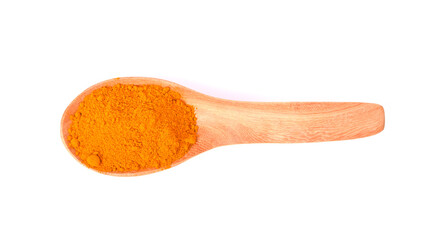 Turmeric (Curcuma) powder in wooden spoon on white background, top view