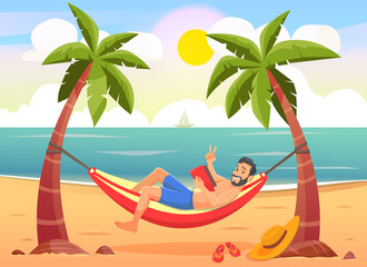 Fototapeta na wymiar Young happy caucasian white man relaxing on the beach in a hammock under the palm trees.
