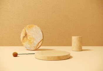 3D render podium, showcase on green background with tropical leaves and calla flower. Abstract natural,organic background for advertising products, spa body care, relaxation, health.