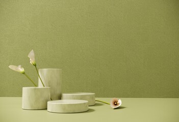 3D render podium, showcase on green background with tropical leaves and calla flower. Abstract natural,organic background for advertising products, spa body care, relaxation, health.