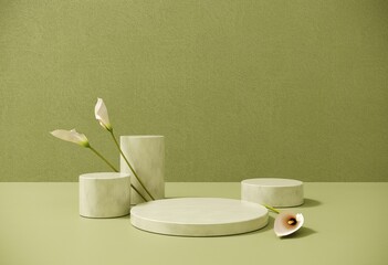3D render podium, showcase on green background with tropical leaves and calla flower. Abstract natural,organic background for advertising products, spa body care, relaxation, health.