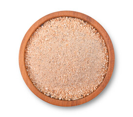 Ground Roasted Glutinous Rice in wooden bowl on white background. Top view