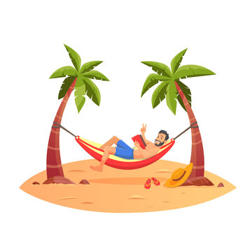 Young happy man relaxing on the beach in a hammock under the palm trees.
