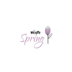 Vector illustration of spring lettering isolated set with decorative elements of sun, chickens, willow, tulip