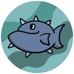 Large gray fish with sharp spikes, vector cartoon illustration