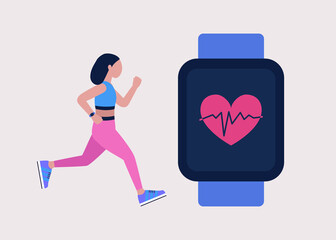 Running young woman with smart watch