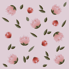 Pattern Roses and Peonies on a pale pink background