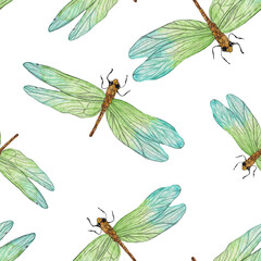 Dragonfly pattern in watercolor technique.Hand painting dragonfly stylish print for textile.