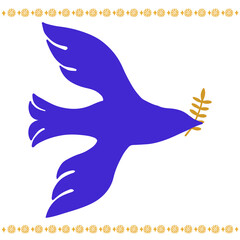 Dove of Peace hand drawn simple emblem. Blue and yellow pigeon with laurel.