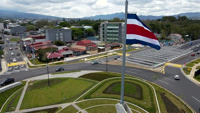 Beautiful cinematic aerial footage of the new Flag roundabout in Costa Rica, Rotonda de la bandera, un San Jos&eacute;