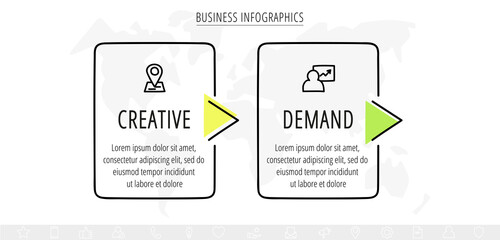 Line vector infographics with 2 rectangles. Square chart process template with arrows. Modern timeline for company or corporate business project, presentation, web, diagram, content