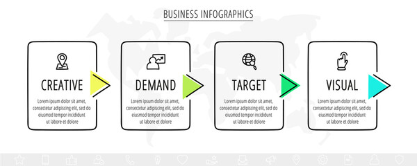 Obraz premium Line vector infographics with 4 rectangles. Square chart process template with arrows. Modern timeline for company or corporate business project, presentation, web, diagram, content