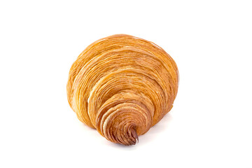 Plain Croissant on the side shows the streaks of the dough, a classic crescent-shaped croissant. isolated on a white background.