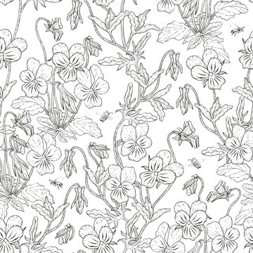 Seamless pattern of isolated images of violet tricolor and bees on a white background. Drawing with a capillary pen.