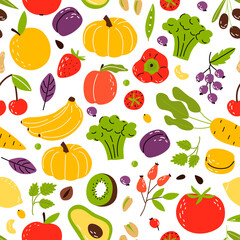 pattern of vegetables and fruits in a simple cartoon style.