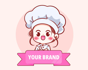 Cute chef girl in uniform character smiling and arms crossed banner food restaurant logo cartoon art illustration
