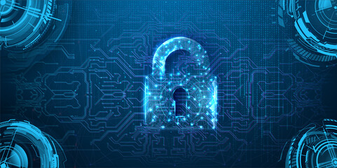 Cybersecurity and information or network protection.  Technological background, with futuristic circles and falling numbers, a chip in a beautiful blue style. Future cyber technology web services