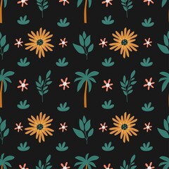 Fototapeta na wymiar Seamless pattern with a cute floral print on a black background. For the design of wallpapers, textiles, wrapping paper, clothes, t-shirts, pillows, bags.