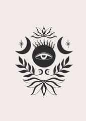 Mystic aesthetic witch mage composition print. Hand draw black color.Esoteric sign alchemy.