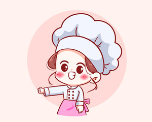 Cute chef girl in uniform character welcome to food restaurant logo cartoon art illustration