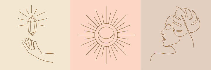 Abstract Set Boho Style with Line Art Elements. Minimalist Trendy Contemporary Design. Woman face silhouette Female hand logo with Sun and Crystal.