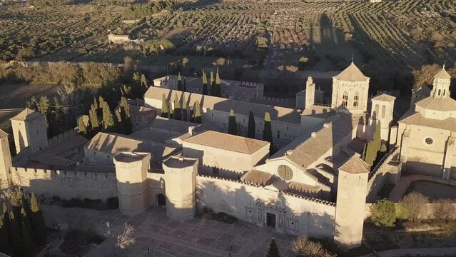 4K Aerial Beautiful Sunset At Monastery Of Saint Mary In Poblet, Spain