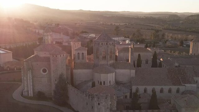 Drone Shot Of Royal Abbey of Santa Maria de Poblet At Sunset.