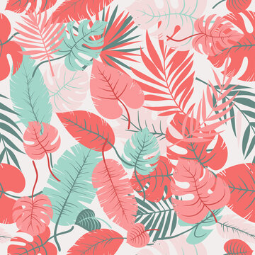 Monstera and palm leaves. Seamless vector green, coral, beige tropic leaves jungle plant pattern in layers. Suitable for fashion wallpaper, wrapping, and background. © Tati. Dsgn