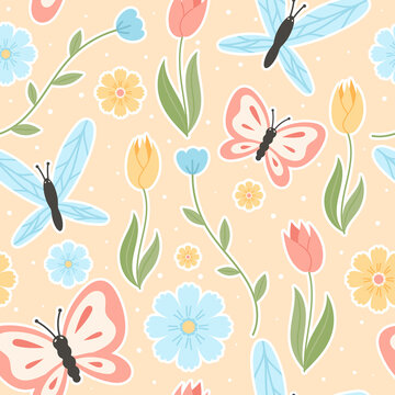 Vector seamless pattern with spring tulips, flowers and butterflies.