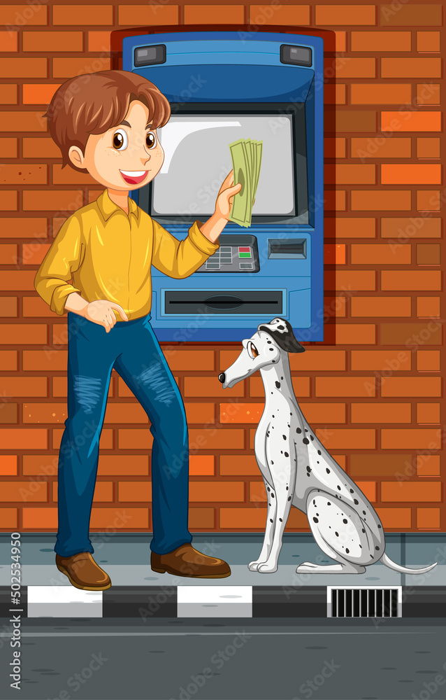 Wall mural atm on street scene with a man withdraw money