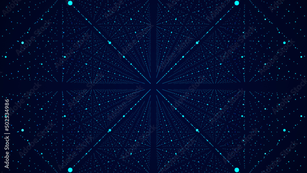 Poster Blue wireframe matrix cube for future innovation digital concept. Abstract futuristic structure with dots. Rectangular percpective background with nodes on a grid. Virtual reality illustration with