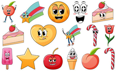 Set of facial expression with vintage style food cartoon on white background