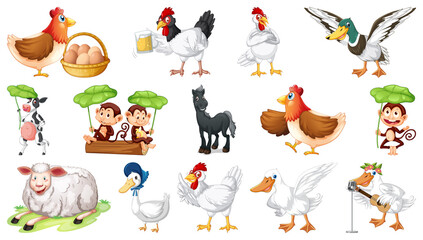 Farm animals on white background