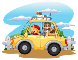 Fototapeta premium Road trip concept with domestic animals in a car
