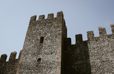 Austere medieval walls and tower with blue sky background. Carrarese Castle, Este, Italy.