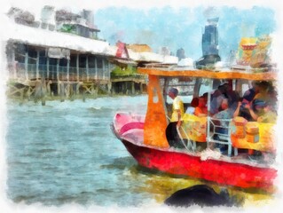 Fototapeta na wymiar Landscape of passenger boats and passengers on Bangkok Chao Phraya River in Thailand watercolor style illustration impressionist painting.