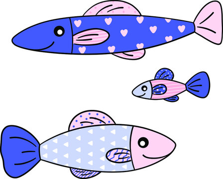 Fish. Stylized cartoon aquarium fish. Aquariums. Fish food. Fish products. Canned fish. Fish vector.