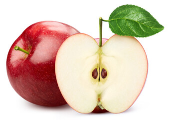 Red apple isolated on white background. Taste apple with leaf. Full depth of field with clipping path