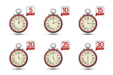 Vintage stopwatch with 5, 10, 15, 20, 25 and 30 minutes symbols isolated on white background - vector